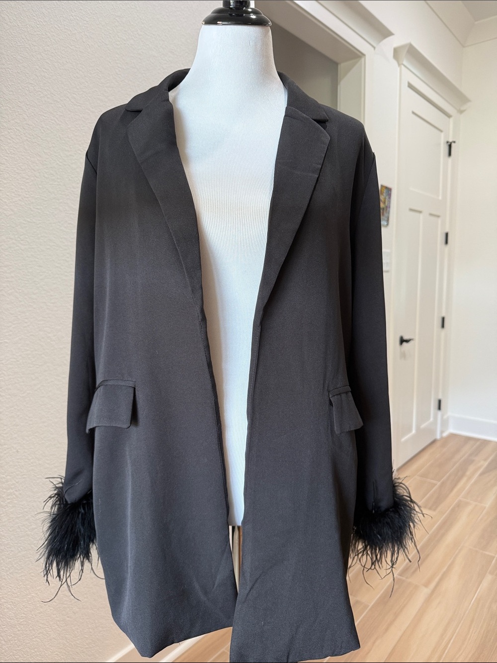 Better Be Black Blazer with Feather Cuff Detail
